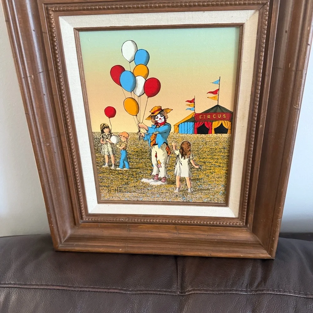 H. Hargrove Signed Oil Painting Circus Clown Balloons & Kids 8 X 10 Frame